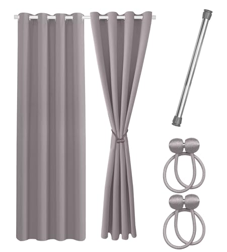 Cozyor Praktisches Set ohne Bohren: 2X Vorhang + 1x Klemmstange Silber 70-120 cm + 2X Raffhalter mit Magnet Blickdicht & verdunkelnd, als Raumteiler, Fenster & Tür Hellgrau Thermovorhang 220x135cm von Cozyor