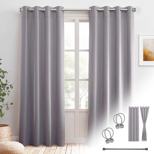 Cozyor Praktisches Set ohne Bohren: 2X Vorhang + 1x Klemmstange Silber 70-120 cm + 2X Raffhalter mit Magnet Blickdicht & verdunkelnd, als Raumteiler, Fenster & Tür Hellgrau Thermovorhang 240x135cm von Cozyor