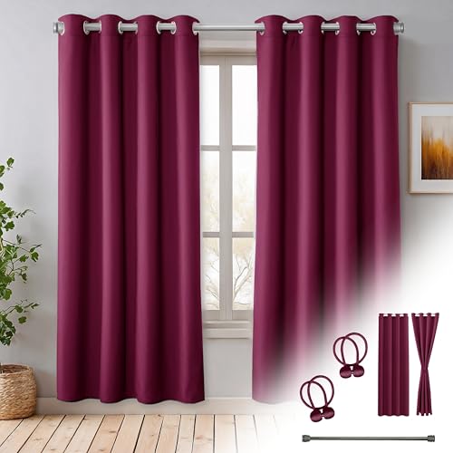 Praktisches Set ohne Bohren: 2x Vorhang + 1x Klemmstange silber 70-120 cm + 2x Raffhalter mit Magnet blickdicht & verdunkelnd, als Raumteiler, Fenster & Tür Rot Bordeaux Thermovorhang 200x135cm von Cozyor