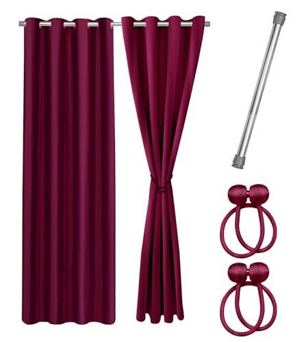 Praktisches Set ohne Bohren: 2x Vorhang + 1x Klemmstange silber 111-200 cm + 2x Raffhalter mit Magnet blickdicht & verdunkelnd, als Raumteiler, Fenster & Tür Rot Bordeaux Thermovorhang 200x135cm von Cozyor