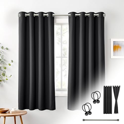 Cozyor Praktisches Set ohne Bohren: 2X Vorhang + 1x Klemmstange Silber 70-120 cm + 2X Raffhalter mit Magnet Blickdicht & verdunkelnd, als Raumteiler, Fenster & Tür Schwarz Thermovorhang 175x135cm von Cozyor