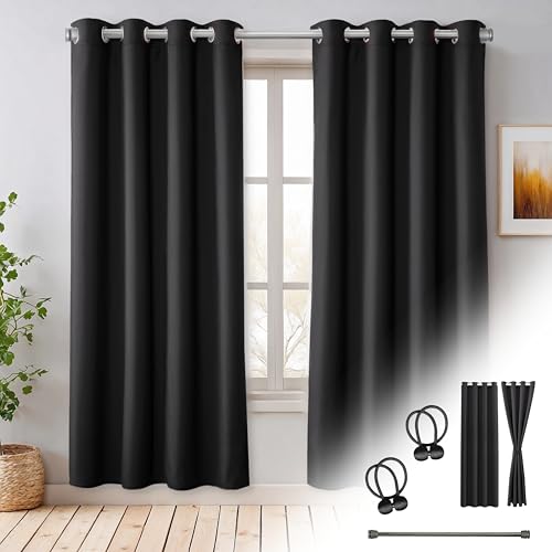Cozyor Praktisches Set ohne Bohren: 2X Vorhang + 1x Klemmstange Silber 70-120 cm + 2X Raffhalter mit Magnet Blickdicht & verdunkelnd, als Raumteiler, Fenster & Tür Schwarz Thermovorhang 200x135cm von Cozyor