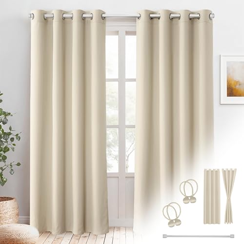 Cozyor Praktisches Set ohne Bohren: 2X Vorhang + 1x Klemmstange 70-120 cm + 2X Raffhalter mit Magnet Blickdicht & verdunkelnd, als Raumteiler, Fenster & Tür Beige Thermovorhang 240x135cm von Cozyor