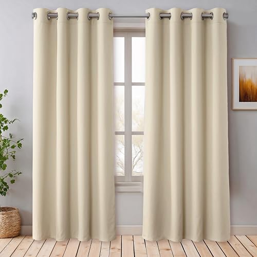 Cozyor Praktisches Set ohne Bohren: 2X Vorhang + 1x Klemmstange Silber 111-200 cm + 2X Raffhalter mit Magnet Blickdicht & verdunkelnd, als Raumteiler, Fenster & Tür Beige Thermovorhang 220x135cm von Cozyor