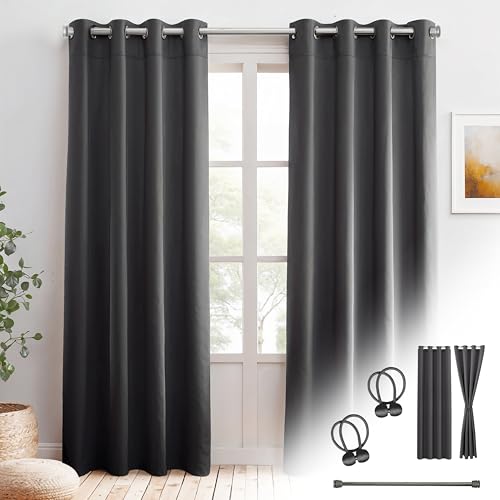 Cozyor Praktisches Set ohne Bohren: 2X Vorhang + 1x Klemmstange Silber 70-120 cm + 2X Raffhalter mit Magnet Blickdicht & verdunkelnd, als Raumteiler, Fenster & Tür Anthrazit Thermovorhang 240x135cm von Cozyor