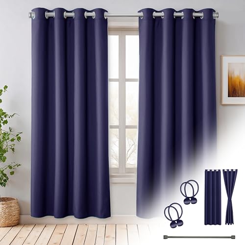Cozyor Praktisches Set ohne Bohren: 2X Vorhang + 1x Klemmstange Silber 70-120 cm + 2X Raffhalter mit Magnet Blickdicht & verdunkelnd, als Raumteiler, Fenster & Tür Blau Thermovorhang 160x135cm von Cozyor