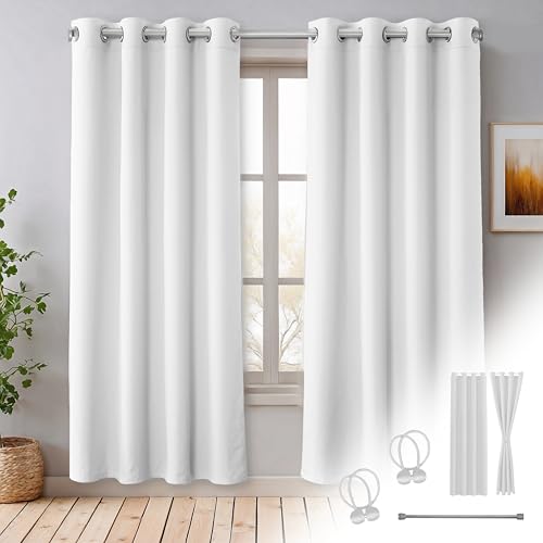 Cozyor Praktisches Set ohne Bohren: 2X Vorhang + 1x Klemmstange Silber 70-120 cm + 2X Raffhalter mit Magnet Blickdicht & verdunkelnd, als Raumteiler, Fenster & Tür Weiß Thermovorhang 200x135cm von Cozyor