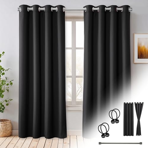 Cozyor Praktisches Set ohne Bohren: 2X Vorhang + 1x Klemmstange Silber 70-120 cm + 2X Raffhalter mit Magnet Blickdicht & verdunkelnd, als Raumteiler, Fenster & Tür Schwarz Thermovorhang 220x135cm von Cozyor