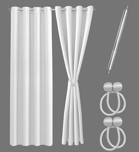 Cozyor Set ohne Bohren: 2X Vorhang + 1x Klemmstange Silber 111-200 cm + 2X Raffhalter mit Magnet Blickdicht & verdunkelnd, als Raumteiler, Fenster & Tür Weiß Thermovorhang 240x135cm von Cozyor