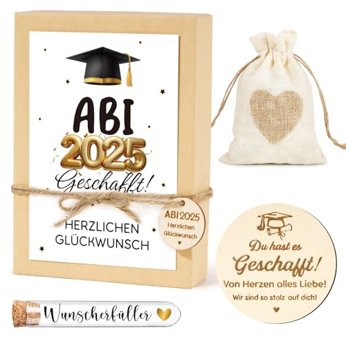 2025 Gift Including Gift Box ABI Created Greeting Card Du hast es geschafft Wooden Card Wish Fulfiller Test Tube Jute Bag Lucky Charm ABI Abitur Exam Boys Girls (ABI 2025 Created) von Cozzmats