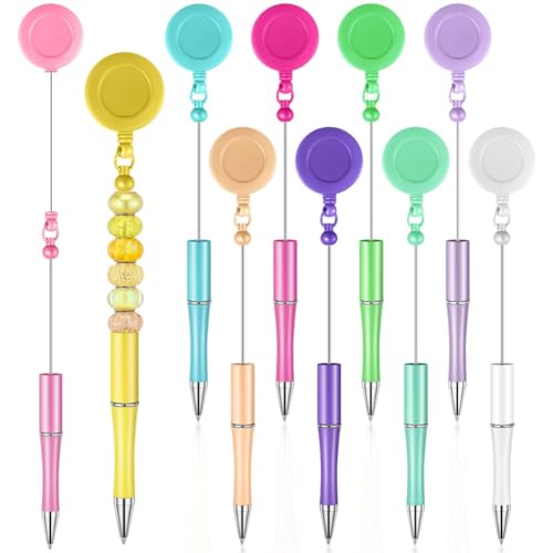 Cpolebev 10 Stück Perlenstifte, Schwarze Tintenperlenstifte, DIY-Stifte, Einziehbarer Ausweishalter, Kugelschreiber, Zugclip-Stift für Bürolehrer von Cpolebev