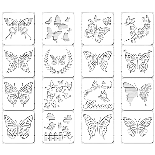 Cpolebev 16 StüCke Wiederverwendbare Schmetterlings Schablonen Schmetterlings Vorlage Kunst Malerei Schablonen für Malen Wand DIY (6 X 6) von Cpolebev