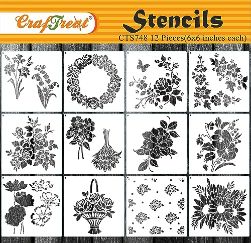 CrafTreat (12 Stück) Blumen-Schablonen zum Malen (6 x 6 cm), DIY-Schablonen zum Malen auf Holz, wiederverwendbare Blumen-Schablonen, elegante Blumen-Zeichenschablonen, Malschablonen für Wände von CrafTreat