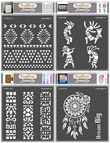 CrafTreat African Tribal Stencils for Crafts Reusable Vintage - Aztec Borders, Kokopelli, Folk Art Borders and Dream Big (4Pcs)- Size:6X6 Inches- Tribal Pattern Stencil for Furniture Painting von CrafTreat