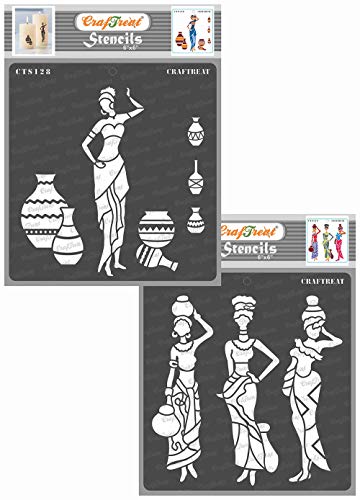 CrafTreat African Tribal Stencils for Crafts Reusable Vintage - Pose with Pot 1 and 2 - Size: 6X6 Inches - Tribal Pattern Stencil for Furniture Painting - African Stencils for Painting on Concrete von CrafTreat