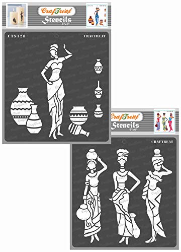 CrafTreat African Tribal Stencils für DIY - Reusable Vintage Pose mit Pot 1 und 2 - Größe: 6x6 Zoll - Tribal Pattern Stencil für Möbel- & Bodenmalerei von CrafTreat