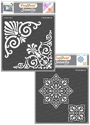 CrafTreat Corner Stencils for Painting Decorative - Ornate Corner Stencil and Rangoli Stencils (2 Pieces) Size: 15 x 15 cm - Ornate Stencils for Crafts Reusable Vintage Pattern von CrafTreat