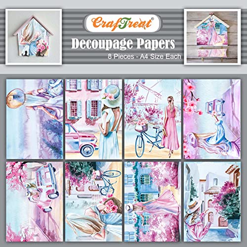 CrafTreat Decoupage-Papier für Bastelarbeiten, Frauen mit Blüten, Größe A4 (21.6x29.2 cm), 8 Stück, Decoupage-Papier für Möbel, florales Scrapbook-Papier, Vintage-Decoupage-Papier, Blumenmuster, Rosa von CrafTreat