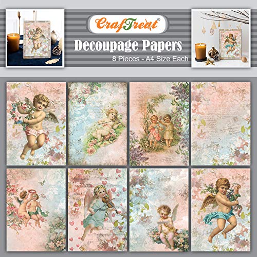 CrafTreat Engel-Decoupage-Papier zum Basteln und Scrapbooking – Engel-Set I und II – Größe: A4 (8,3 x 11,7 Zoll), 8 Stück – Decoupage-Papier-Engel – Decoupage-Papier für Möbel von CrafTreat