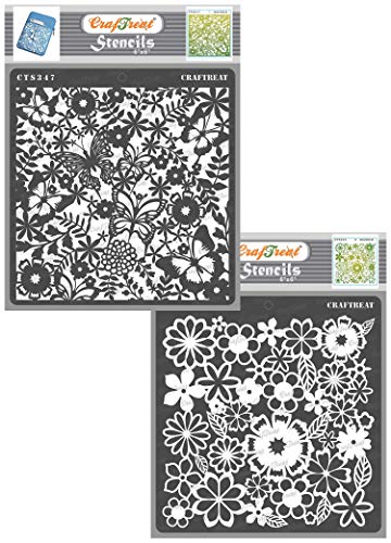 CrafTreat Floral Stencils for Crafts Reusable Vintage - Butterfly Delight and Brimming Blooms (2 pcs) - size: 6X6 Inches - Mixed Media Stencils for Furniture Painting - Buttefly Stencils for Garden von CrafTreat