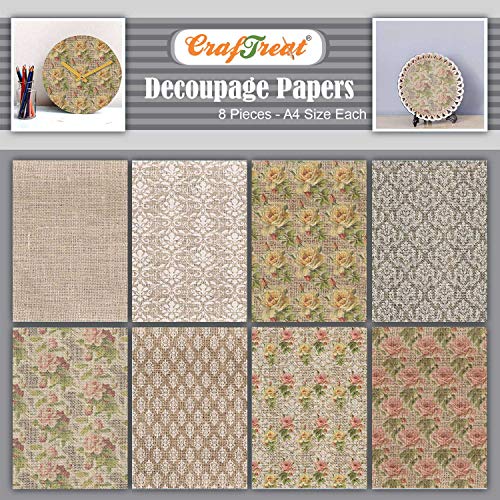 CrafTreat Florales Decoupage-Papier zum Basteln – Jute-Blumen – Größe: A4-8 Stück – Damast Decoupage-Papier für Scrapbooking – Vintage Decoupage-Papier Möbel von CrafTreat