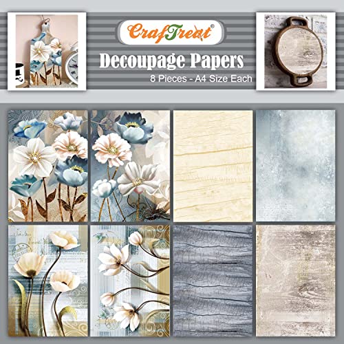 CrafTreat Gemaltes florales Decoupage-Papier zum Basteln, Blume und Textur-Größe: A4 (21,6 x 29,4 cm), 8 Stück, Scrapbooking-Papier, Blumen, Bastelpapier für Möbel, Wand, Glas von CrafTreat