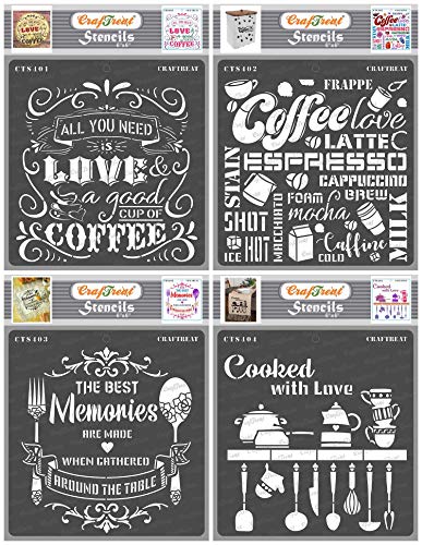 CrafTreat Kitchen Stencils for Painting on Wood, Canvas, Fabric, Wall - Coffee Love, Coffee, Dining Memories and Cooked with Love - 4 Pieces - 6 x 6 Inches Each - Reusable DIY Art and Craft Stencils von CrafTreat