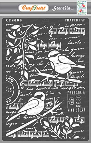 CrafTreat Mixed Media Stencils for Crafts Reusable Vintage - Bird Song - Size: A4 - Bird Stencils for Painting on Concrete, Canvas, Fabric, Paper, Wood and Wall - Background Stencils for Garden von CrafTreat