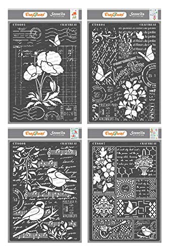 CrafTreat Mixed Media Stencils for Crafts Reusable Vintage - Ledger Poppy, Flower Collage, Bird Song and Bits & Pieces (4 Pieces) - Size: A4 - Floral Stencils for Furniture Painting von CrafTreat