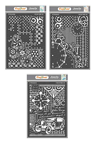 CrafTreat Mixed Media Stencils for Crafts Reusable Vintage - Steampunk Butterfly, Clock and Key & Vintage Car (3Pcs) - Size: A4 Inches - Background Stencils for Painting on Concrete, Canvas, Fabric von CrafTreat