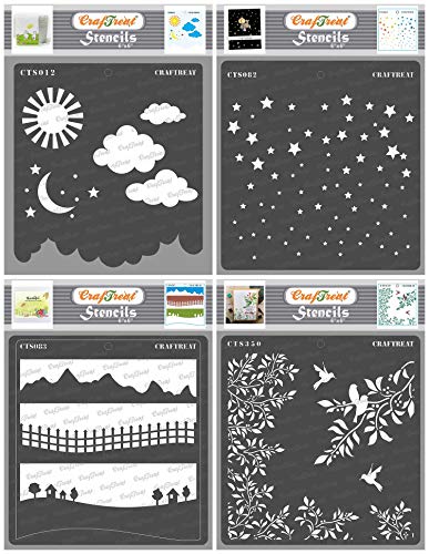 CrafTreat Nature Stencils for Crafts Reusable - Clouds and Stars, Starry Sky, Landscapes, Leaves and Branch Stencil (4 Pieces) - Size: 6 x 6 Inches - Scene Stencils for Furniture Painting Vintage von CrafTreat