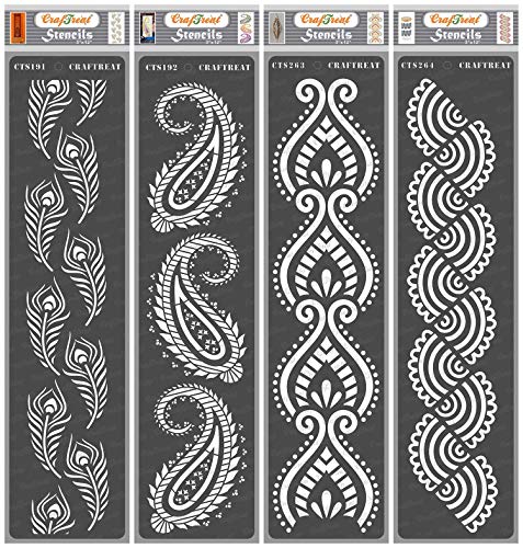 CrafTreat Paisley Stencils for Painting on Wood, Paper, Floor and Wall - Peacock Feathers Border, Paisley Border, Border VII and Border VIII(4 Pieces)(3 x 12 Inches) Each-Reusable DIY Craft Stencils von CrafTreat