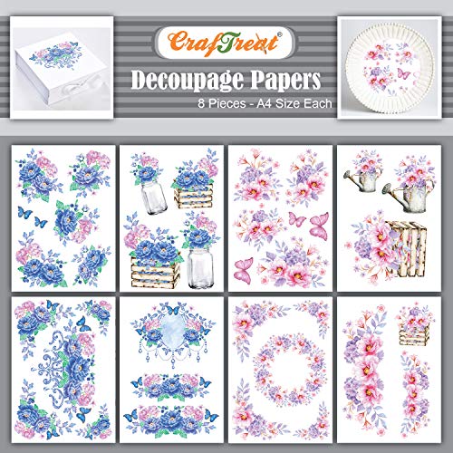 CrafTreat Pfingstrosen-Decoupage-Papier zum Basteln – Hortensien und rosa Pfingstrosen – Größe: A4 (8,3 x 11,7 Zoll), 8 Stück – Blumen-Decoupage-Papier für Scrapbooking, Holz und Möbel von CrafTreat