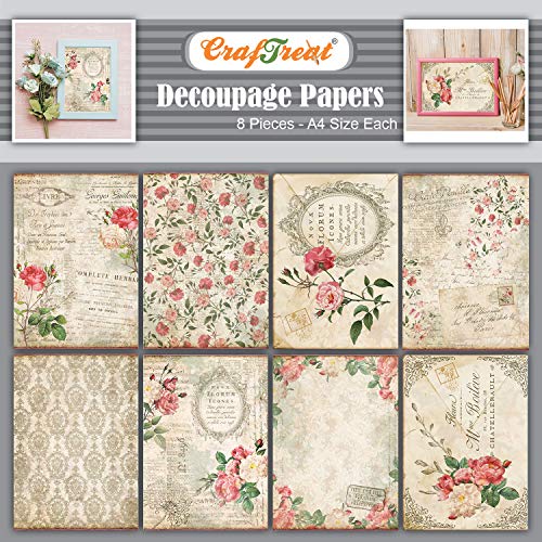 CrafTreat Französisches Decoupage-Papier zum Basteln – Französische Blumen 1 und 2 – Größe: A4 – 8 Stück – Möbel-Decoupage-Papier Vintage French – Blumen-Decoupage-Papier für Holz und Scrapbooking von CrafTreat