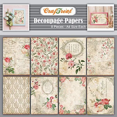 CrafTreat decoupage papier für Möbel - decoupage papier blumen (21 cm x 29,7 cm) 8 Blatt - reispapier decoupage - decoupage papier vintage - Decopatch-Papier - decoupage kleber - scrapbooking papier von CrafTreat