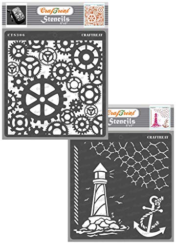 CrafTreat Steampunk Stencils for Crafts Reusable Vintage - Gears and Nautical (2 pcs) - Size: 15 x 15 cm - Nautical Stencils for Furniture Painting - Anchor Stencil for Painting on Cocnrete, Canvas von CrafTreat