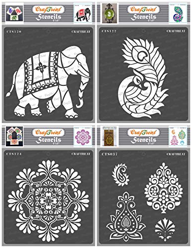 CrafTreat Stencil - Indian Elephant, Mandala2, Side Feathered Peacock and Indian Motifs (4 pcs) - Reusable Painting Template for Home Decor, Crafting, DIY Albums and Printing on Paper 6 x 6 Inches von CrafTreat