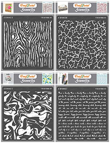 CrafTreat Texture Stencils for Furniture Painting Vintage - Woodgrain, Crackle, Marble and Script (4 Pieces) - Size: 15 x 15 cm - Textured Stencils for Painting on Concrete, Wood, Fabric, Canvas, von CrafTreat