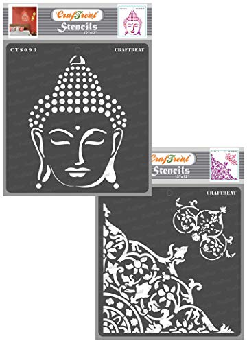 CrafTreat Wall Decor Stencils for Painting, Large Pattern, Buddha and Flourish Corner, 2 Pack, 12 x 12 Inch, Reusable DIY Art and Craft Stencils - Corner Stencils for Painting von CrafTreat