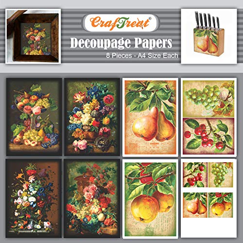CrafTreat Obst-Decoupage-Papier zum Basteln – bemalte Blumensträuße und Früchte – Größe: A4 (8,3 x 11,7 Zoll), 8 Stück – Apfel-Decoupage-Papier für Scrapbooking – Blumen-Decoupage-Papier für Möbel von CrafTreat