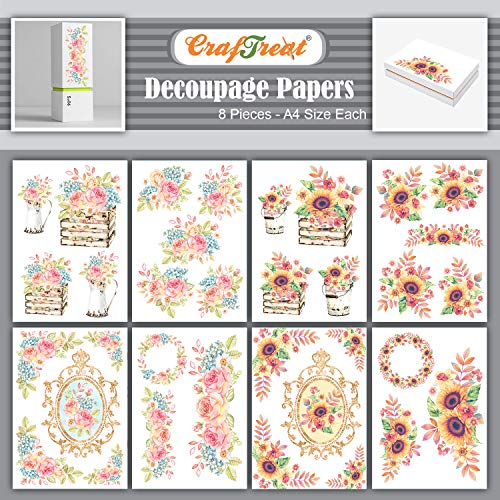 CrafTreat Sonnenblumen-Decoupage-Papier zum Basteln – schöne Blumen und Sonnenblumen im Vintage-Stil – Größe: A4 (8,3 x 11,7 Zoll), 8 Stück – Möbel-Decoupage-Papier, Sonnenblume von CrafTreat