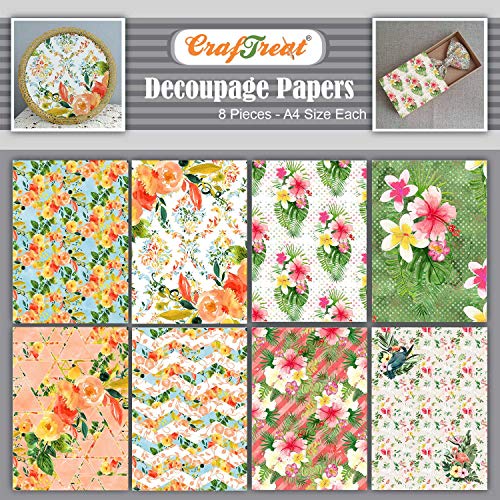 CrafTreat Blumen-Decoupage-Papier zum Basteln – Sommerblumen und tropische Blumen – Größe: A4 – 8 Stück – Farn-Decoupage-Papier für Scrapbooking von CrafTreat