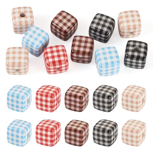 Crafans 10 Stück Karierte Muster Acryl Würfel Perlen 14 mm Plaid Quadratisch Spacer Perlen Vintage Kariert Muster Handwerk Perlen für DIY Armband Ohrring Hängende Ornamente von Crafans