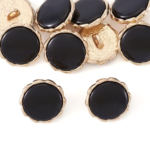 Crafans 10 schwarze Blumen-Schaftknöpfe, goldfarben, zum Aufnähen, 15 mm, flach, rund, Legierung, Harz, dekoratives Handwerk, Kostümzubehör, Knopf für Heimwerker, Basteln, Stricken, Stoff-Dekoration von Crafans