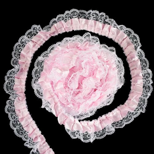 Crafans 12,5 Meter gerüschte Spitzenbänder, 2-lagige Spitzenborte, rosa Bordüre, Polyesterstoff, bestickte Applikation für Kleid, Brautband, zum Aufnähen auf Applikation, Rosa Crafans 12,5 Meter gerüschte Spitzenbänder, 2-lagige Spitzenborte, rosa Bordüre, Polyesterstoff, bestickte Applikation für Kleid, Brautband, zum Aufnähen auf Applikation, Rosa von Crafans