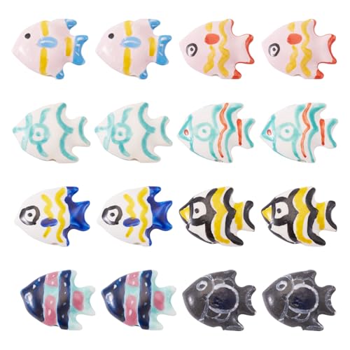 Crafans 16 Stück Fisch-Porzellan-Perlen, 8 Farben, handbemalt, Fische, Keramikperlen, Sommer-Stil, Ozean-Tier-Abstandshalter, Perlen für DIY-Halsketten, Armbänder, Schmuckherstellung von Crafans