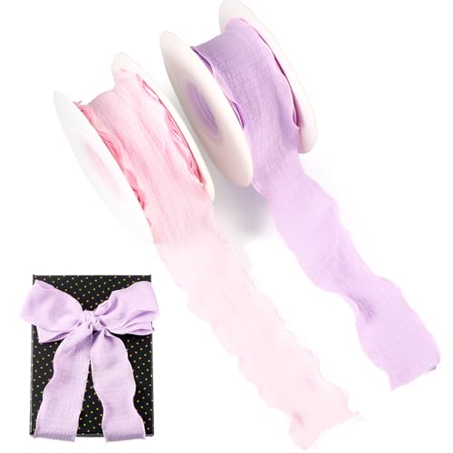 Crafans 2 Rollen Rüschenbänder, 40 mm, Schleifenherstellung, getrimmt, Faltenkaro, Gingham-Spitze, Schottenkaro, für Heimwerker, Bekleidungszubehör, Geschenkverpackung, Rosa und Violett von Crafans