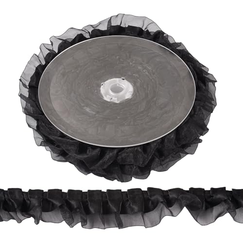 Crafans 20 Meter schwarze Organzabänder aus Spitze, 2-lagig, gerüscht, Satinbänder, 40 mm breit, Lochstickerei für Kleid, Brautband, zum Aufnähen, Applikation, Stoff, Schwarz Crafans 20 Meter schwarze Organzabänder aus Spitze, 2-lagig, gerüscht, Satinbänder, 40 mm breit, Lochstickerei für Kleid, Brautband, zum Aufnähen, Applikation, Stoff, Schwarz von Crafans