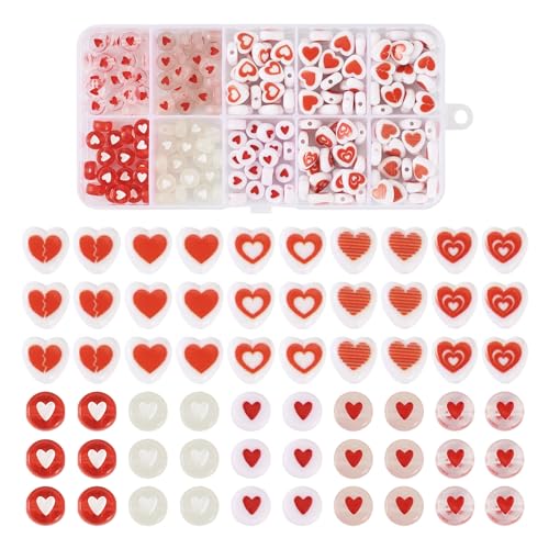 Crafans, 200 Stück rote Herz-Acrylperlen, verschiedene Herz-lose Abstandsperlen, transparent, leuchtend und undurchsichtig, Herzperlen für DIY Halskette, Armband, Muttertag, Schmuckherstellung von Crafans