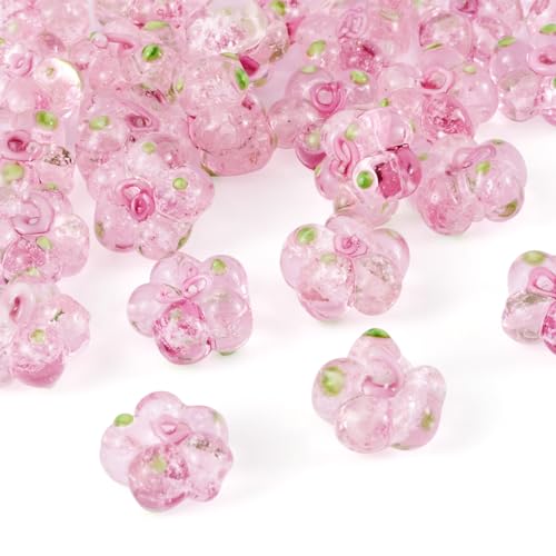 Crafans 28 Stück rosa Blumen-Lampwork-Perlen, transparente Blumen-Abstandshalter, kleine Blumen, handgefertigte Lampwork-Perlen für DIY-Armbänder, Halsketten, Perlen, Schmuckherstellung von Crafans